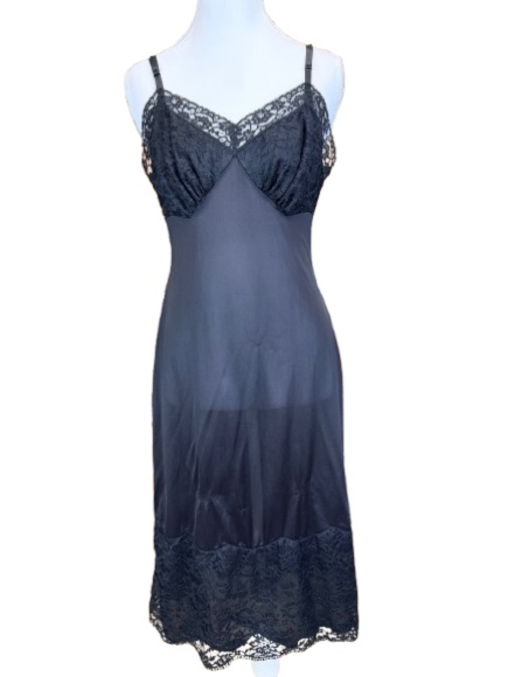 Vintage 80s Vanity Fair Black Nylon Tricot Full Slip Lace Trim Lingerie Wms 34